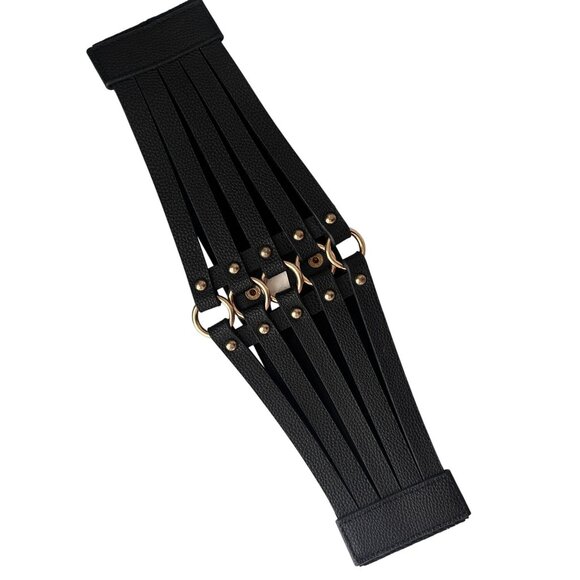 Wide Stretchy Black Belt With Gold Rings & Studs Elastic Fit  Faux Leather - Picture 1 of 4
